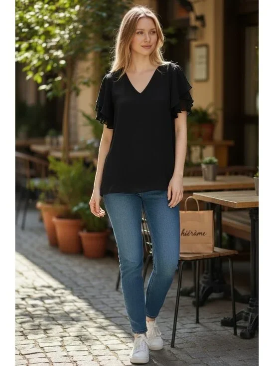 Black Ruffle Sleeve Chiffon Blouse L Lightweight & Elegant NWT - Picture 3 of 9